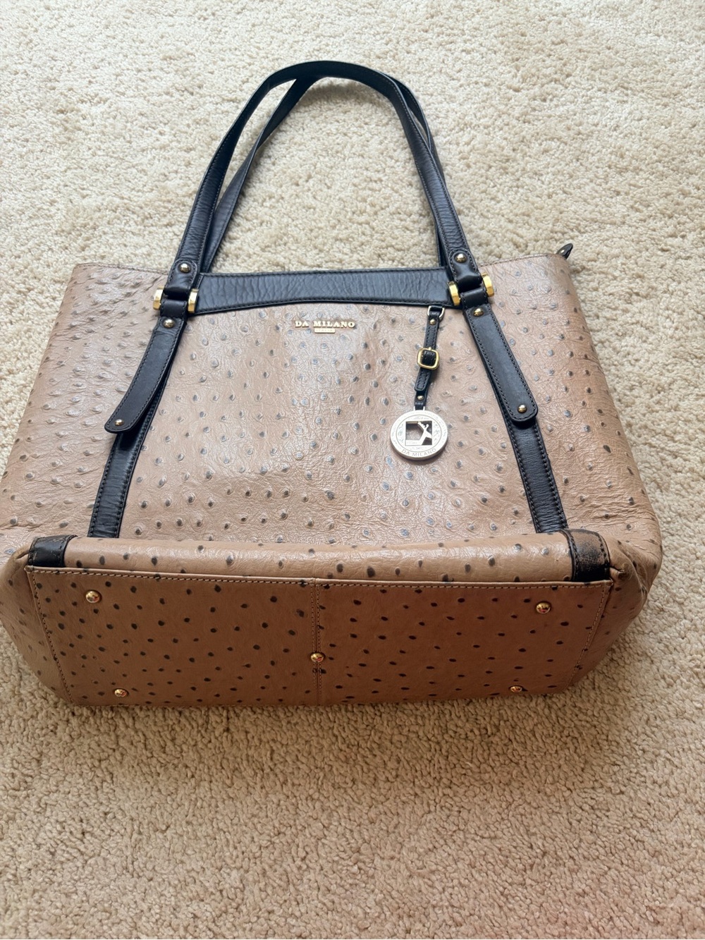 Milano Tan Ostrich-Embossed Tote with Black Trim